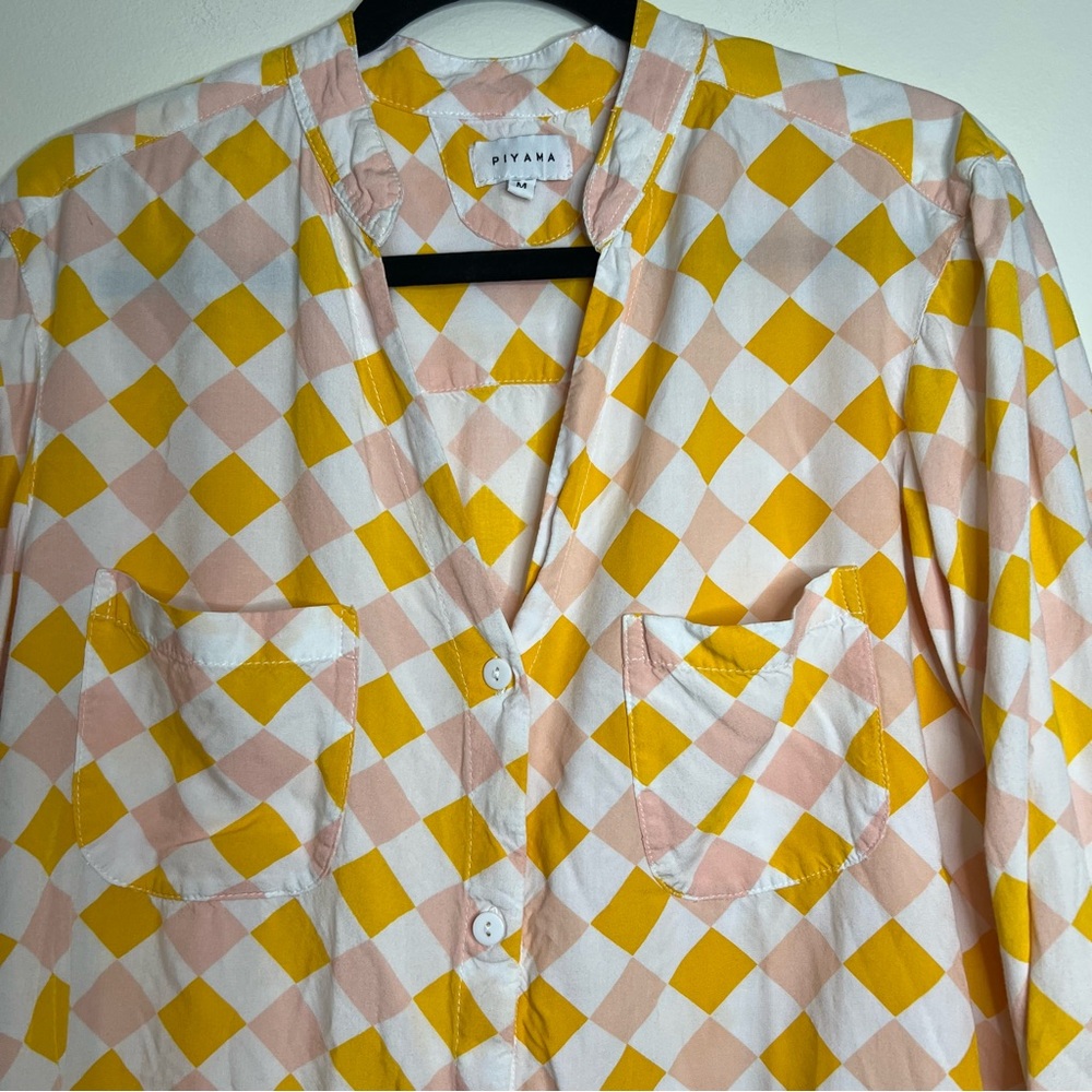Piyama Checkered Pajama Shirt M Pink Yellow White Button‎ Down 100% Rayon Bali - Picture 2 of 5